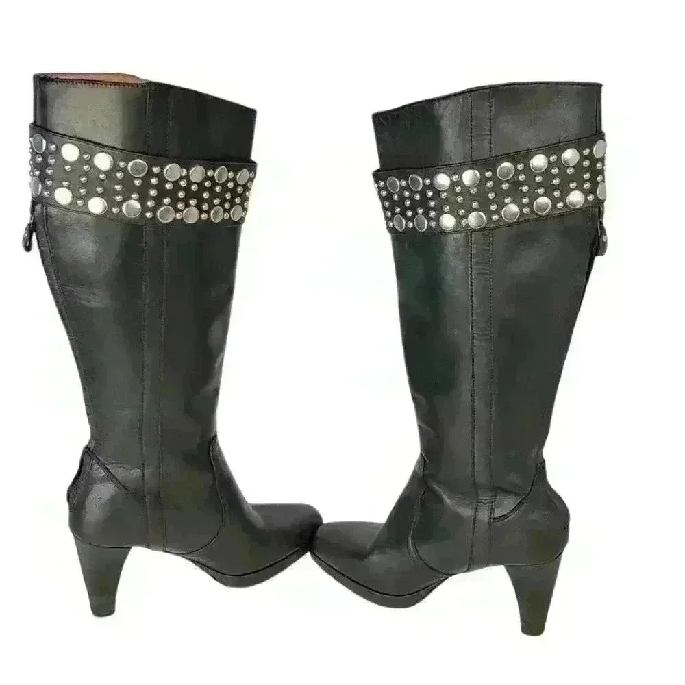 Frye Black Katie Heel Leather Tall Heels Pointed Toe Studded Band Sz 6.5M - Picture 2 of 16